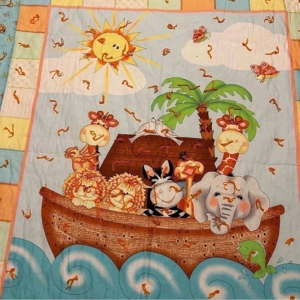 Noah’s Ark Quilt Handmade 36”x45” Orange Blue Baby Gender Neutral Nursery